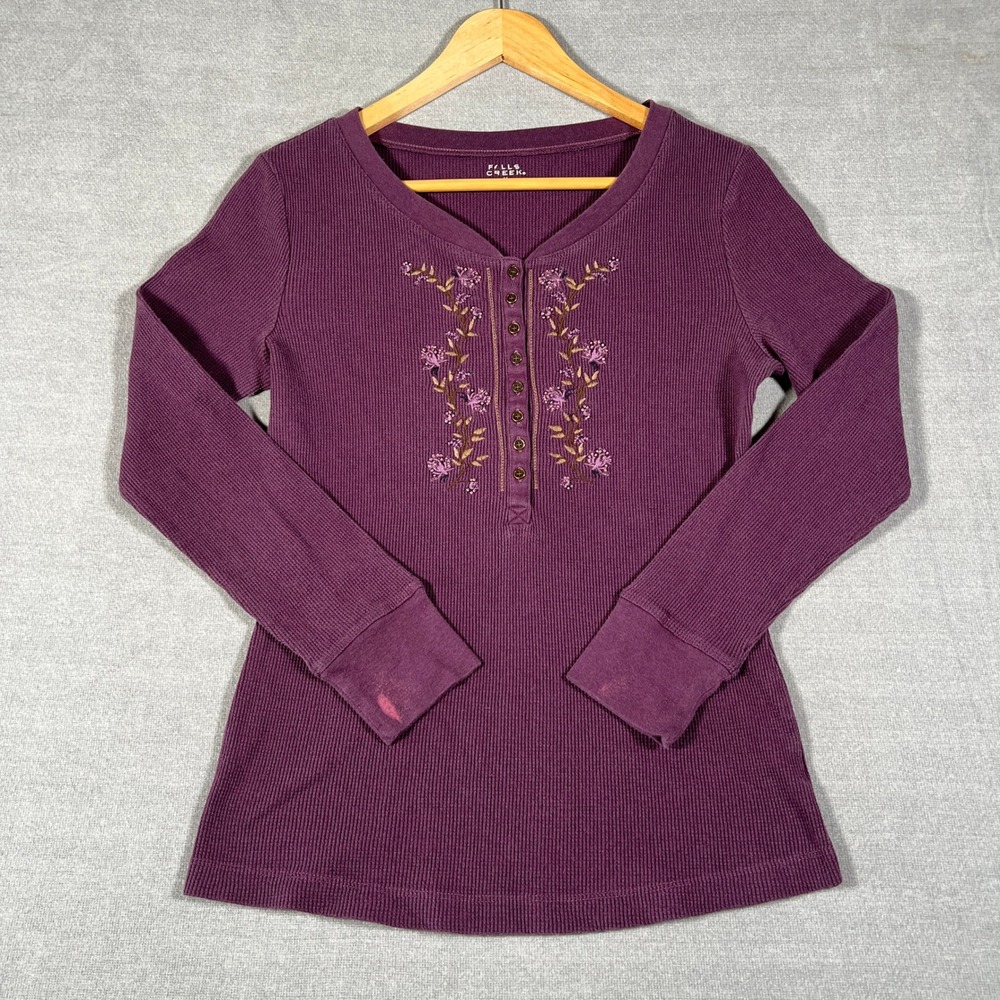 Falls Creek Henley Floral Embroidered Waffle Knit Top Womens M Purple Cotton